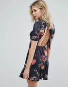 Oh My Love Tea Dress With Open Back In Floral Print - Black