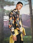 Asos Design Boxy Oversized Shirt In Twill With Floral And Text Print-black