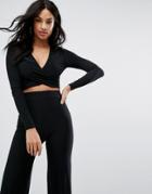 Club L Wrap Front Top With Long Sleeves - Black