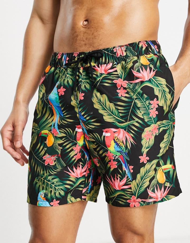 Asos Design Swim Shorts With Tucan Print Mid Length-black