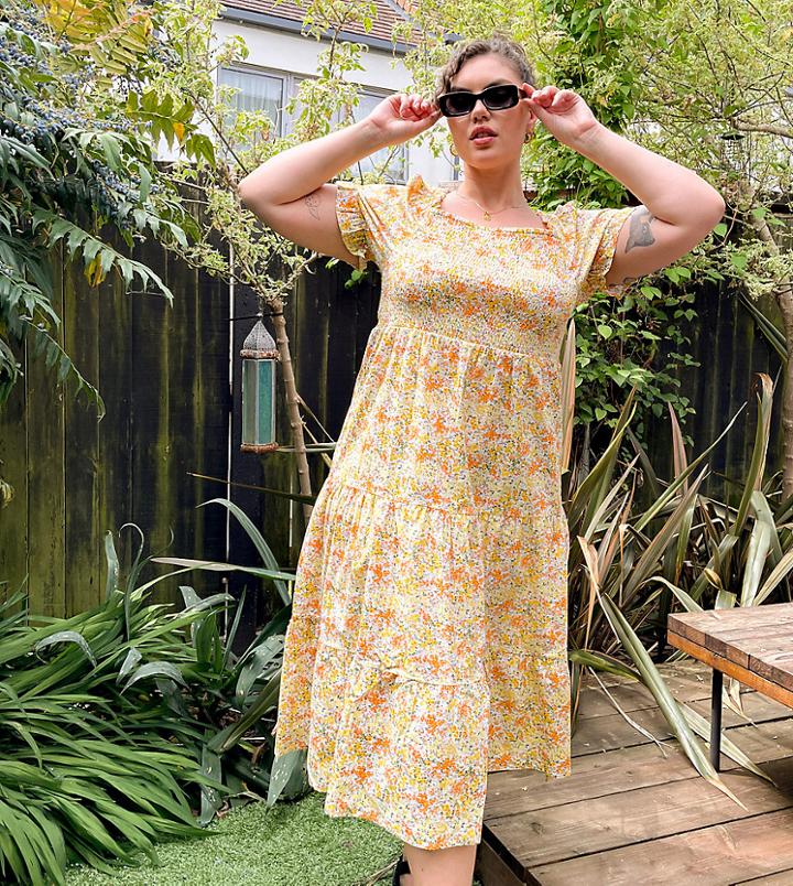 Influence Plus Floral Tiered Smock Dress In Yellow-multi