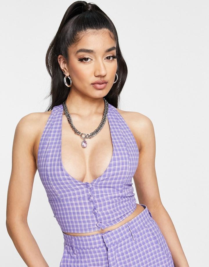 Heartbreak Halter Neck Cropped Vest In Purple Check - Part Of A Set