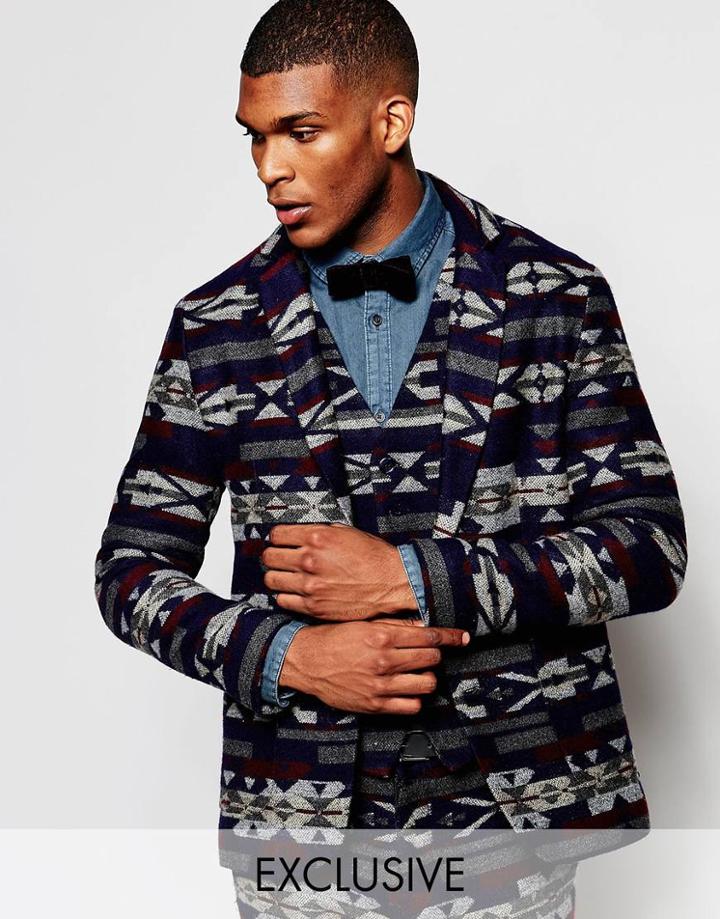 Reclaimed Vintage Geo-tribal Blazer - Navy