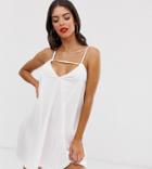 Asos Design Tall Beach Dress In Seersucker With Rouloux Straps & Cut Out Neck-white