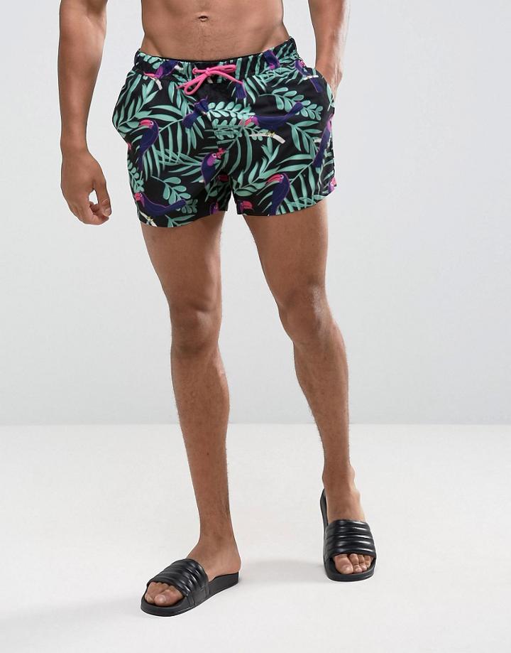Asos Swim Shorts In Bright Toucan Print In Short Length - Black