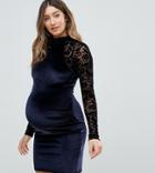 Asos Maternity Velvet & Lace Long Sleeve Bodycon Mini Dress - Navy