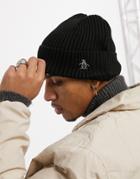 Original Penguins Rib Beanie Hat In Black And Silver Gray