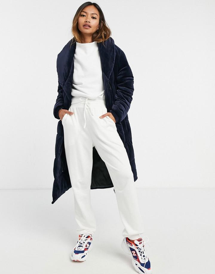 Gianni Feraud Navy Velvet Longline Puffer Coat With Shawl Collar And Tie Belt