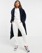 Gianni Feraud Navy Velvet Longline Puffer Coat With Shawl Collar And Tie Belt