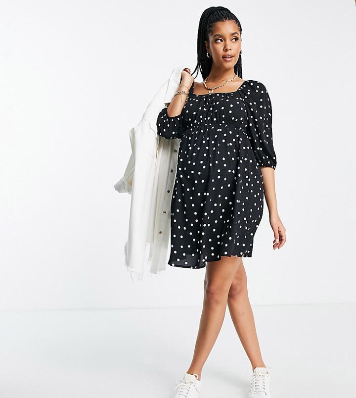 Asos Design Maternity Ruched Bust Mini Skater Dress With Puff Sleeve In Mono Spot Print-multi