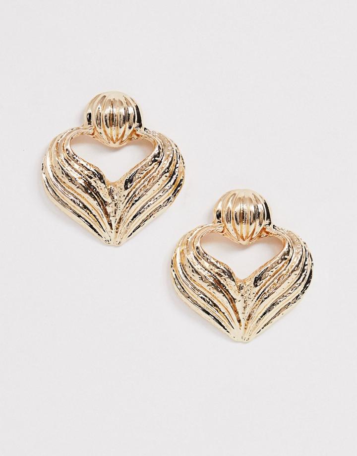 Asos Design Earrings Wtih Engraved Doorknocker Heart In Gold Tone - Gold