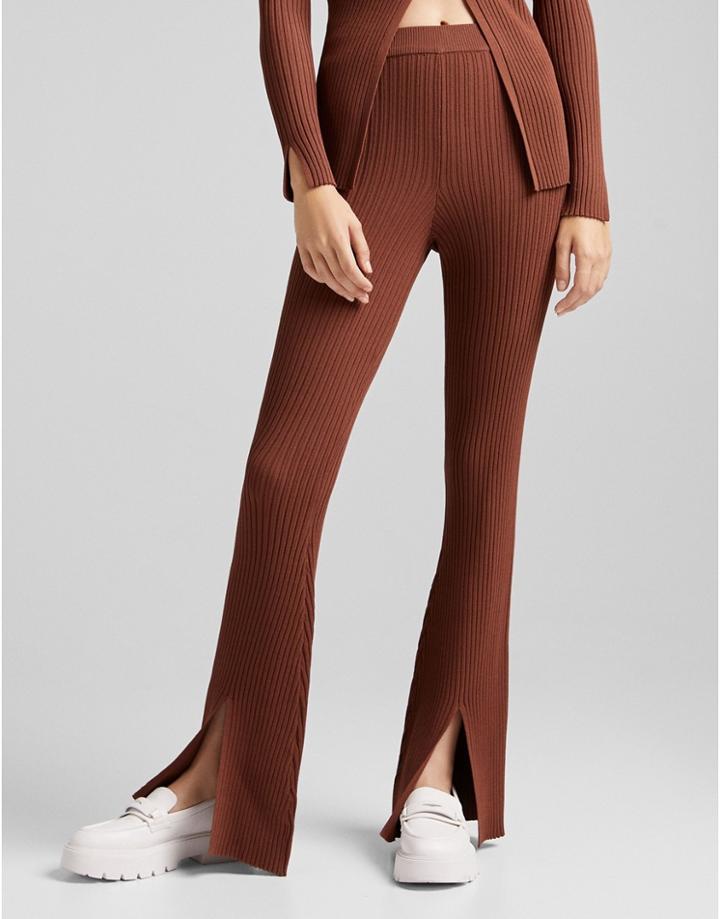 Bershka Knitted Rib Detail Pants With Split Detail In Brown