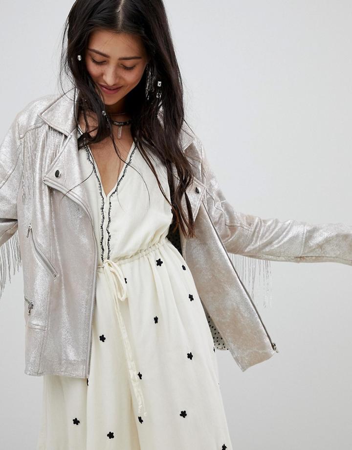 Native Rose Relaxed Biker Jacket In Premium Metallic Faux Leather With Tassels - Cream