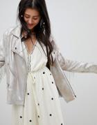Native Rose Relaxed Biker Jacket In Premium Metallic Faux Leather With Tassels - Cream