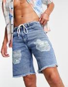 Siksilk Relaxed Floral Pixel Denim Shorts In Blue-blues