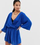 Asos Design Petite Wrap Blouson Sleeve Romper - Blue