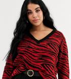 Brave Soul Plus Zebra V Neck Sweater-red