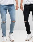 Asos Super Skinny Jeans 2 Pack In Black With Knee Rips & Mid Blue With Knee Rips Save - Multi