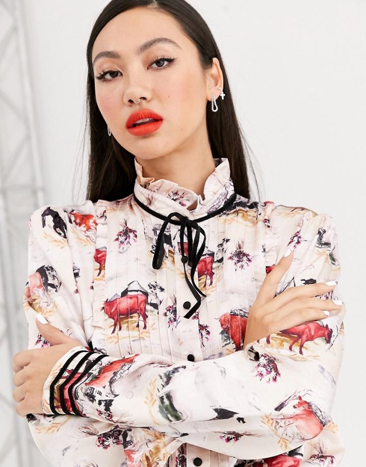 Rachel Antonoff Louise Puff Sleeve Cow Print Pintuck Blouse-cream