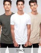 Asos 3 Pack Longline Muscle T-shirt In White/black/khaki - Multi