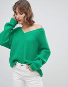 Asos Design Long Line V Neck Sweater-green