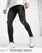 Asos Design Spray On Jeans With Power Stretch In Washed Black With Rips And Abrasions