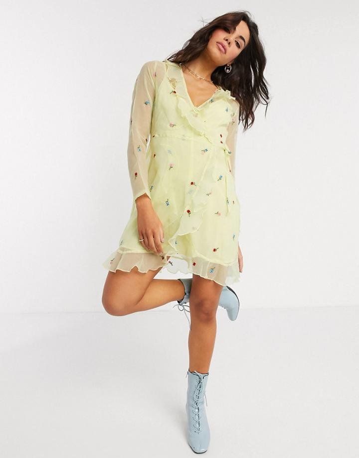 Asos Design Embroidered Organza Mini Wrap Dress In Yellow
