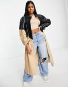 Asos Design Leather Look Spliced Trench Coat In Stone-neutral