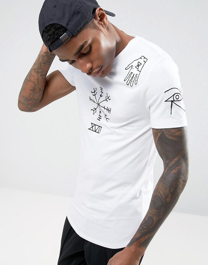 Asos Longline Muscle T-shirt With Symbol Embroidery And Curved Hem - White