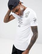 Asos Longline Muscle T-shirt With Symbol Embroidery And Curved Hem - White
