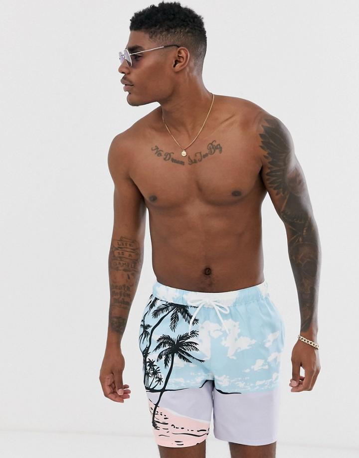 Asos Design Swim Shorts With Beach Scene Print In Mid Length-multi