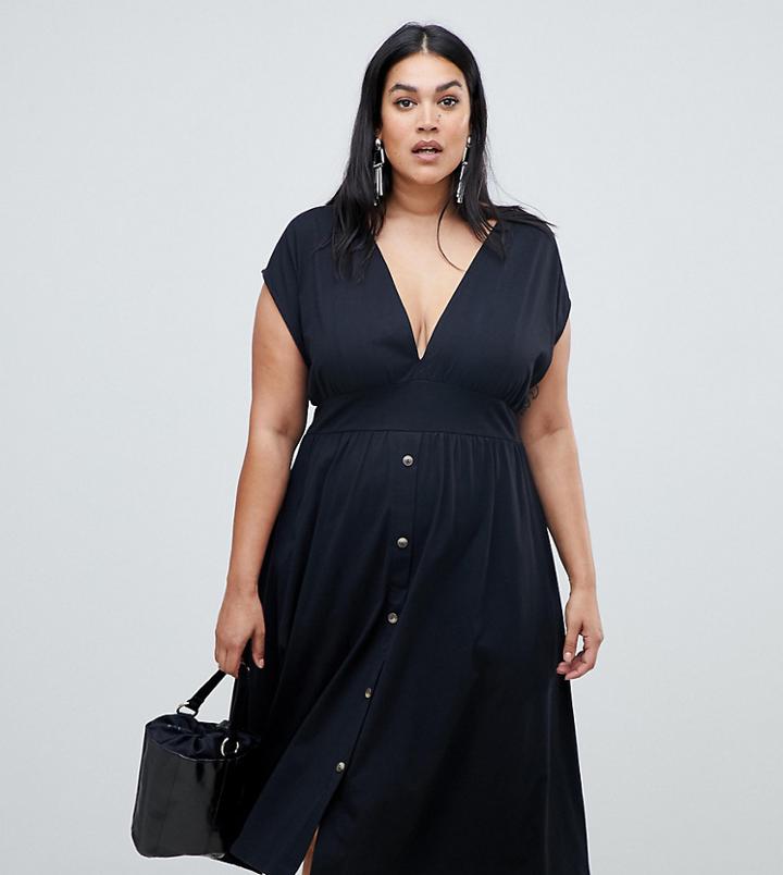 Asos Design Curve Midi Dress With Belt And Tortiose Buttons - Black