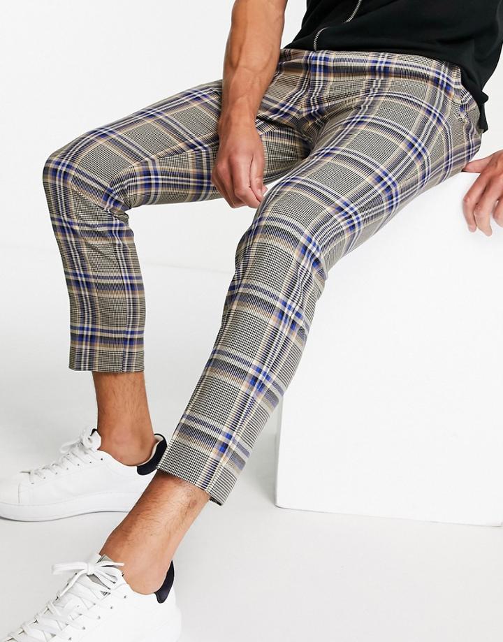 Topman Skinny Sweatpants Check Pants In Blue And Stone-blues