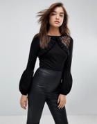 Lipsy Knitted Top With Lace Trim And Fluted Sleeves - Black