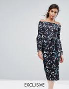 Silver Bloom Bardot Midi Dress In Ditsy Floral With Exaggerated Sleeve - Multi