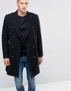 Asos Wool Mix Double Breasted Overcoat In Black - Black