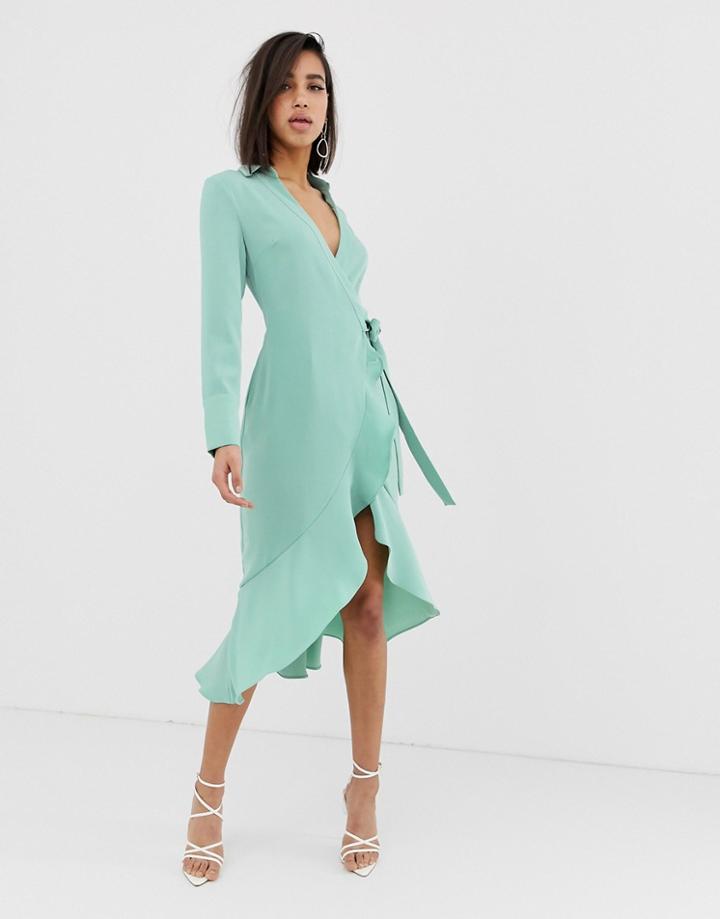 Lavish Alice Frill Hem Wrap Front Midi Dress In Sage - Green