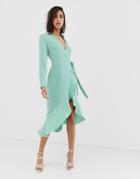 Lavish Alice Frill Hem Wrap Front Midi Dress In Sage - Green