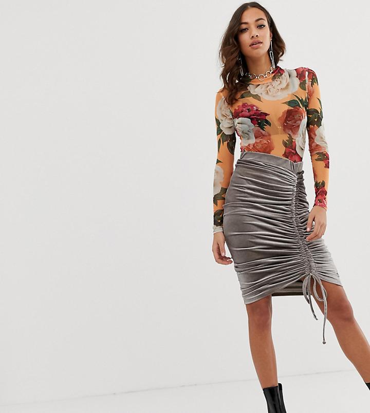 Rokoko Midi Skirt With Ruched Detail In Velvet-gray