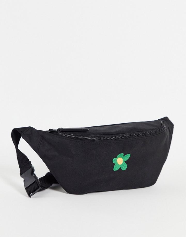 Asos Design Cross Body Fanny Pack In Black With Flower Embroidery