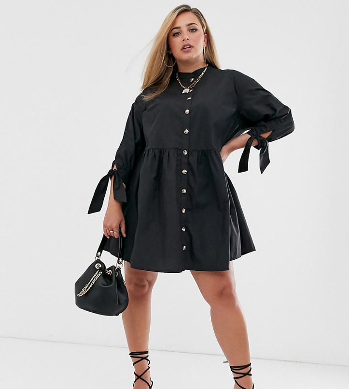 Asos Design Curve Grandad Collar Button Through Mini Smock Dress With Tie Sleeve-black