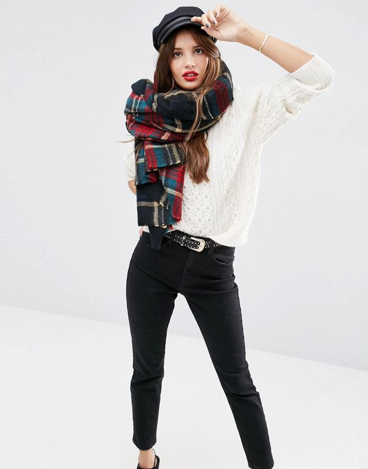 Asos Oversized Square Scarf In Black Based Plaid Check - Black