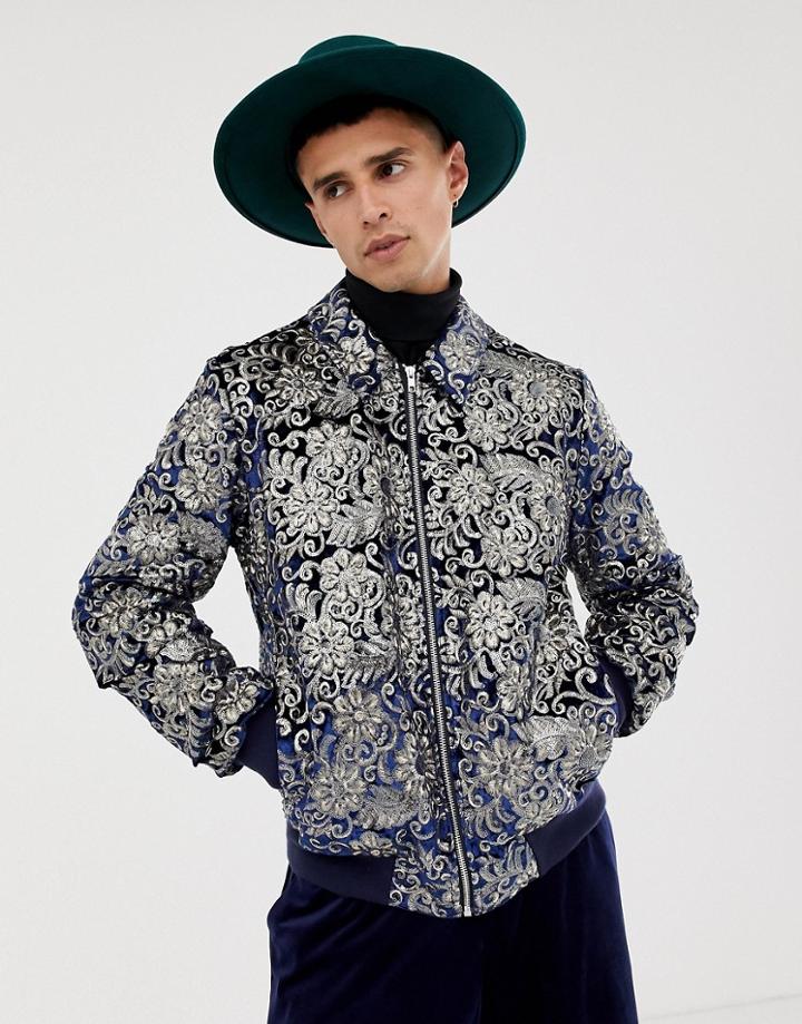 Asos Edition Bomber Jacket With Sequin Jacquard In Navy - Navy