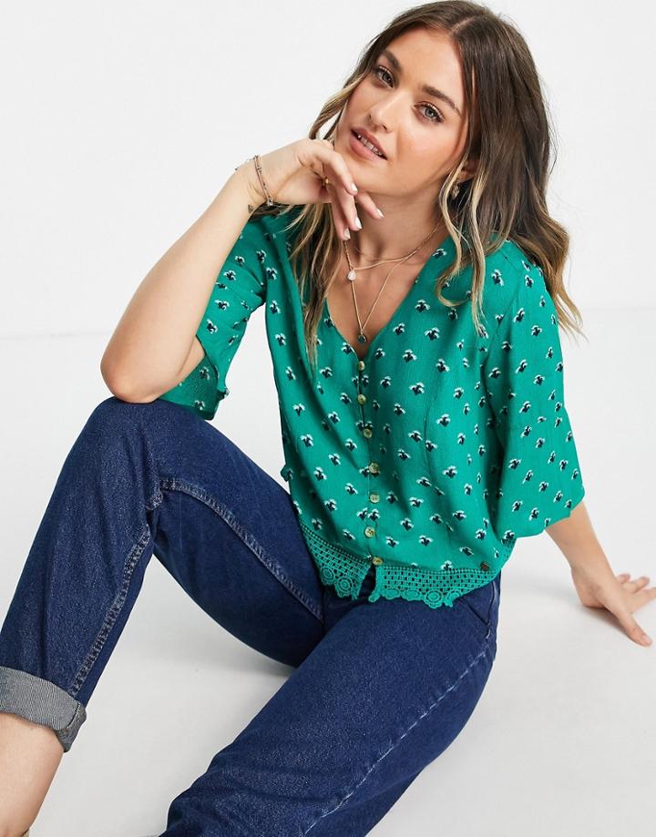 Superdry Sunny Lace Detail Button Front Top In Green