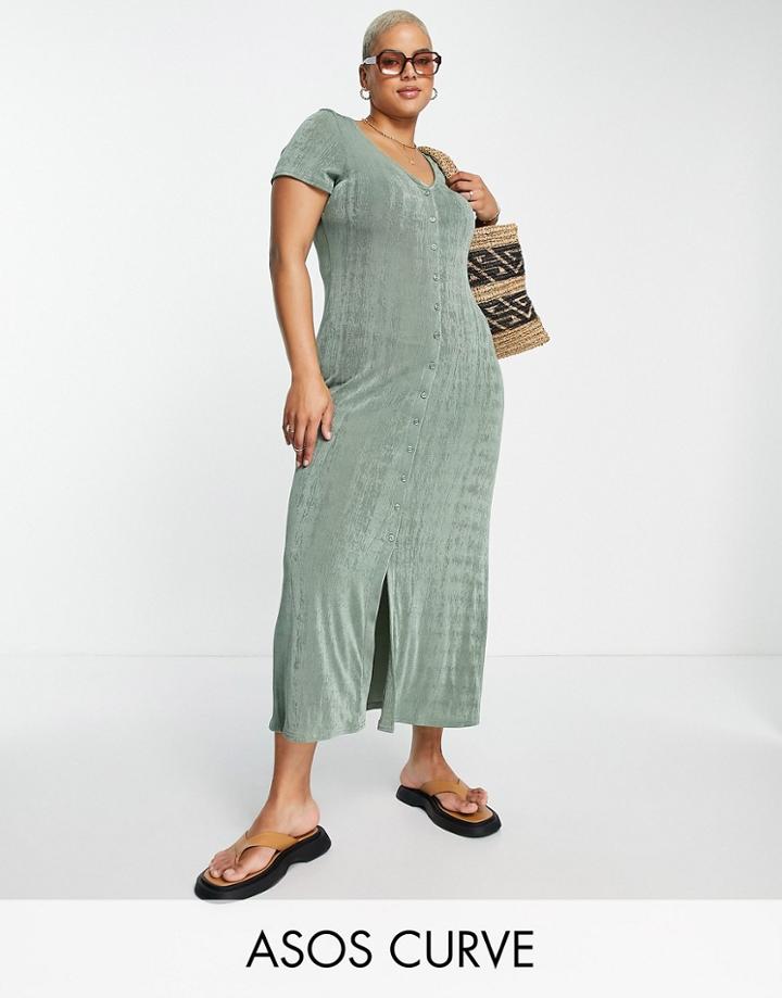 Asos Design Curve Short Sleeve Slinky Shirt Maxi Dress In Khaki-green