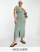 Asos Design Curve Short Sleeve Slinky Shirt Maxi Dress In Khaki-green