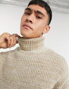 Asos Design Knitted Oversized Rib Roll-neck Sweater In Oatmeal Twist-neutral