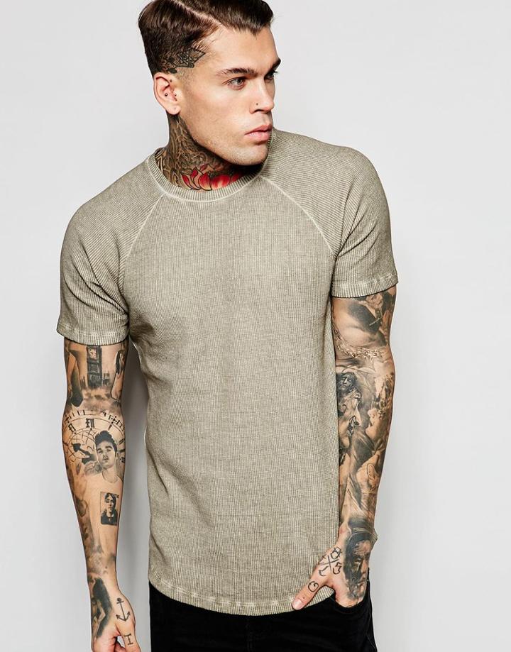 Asos Muscle Waffle T-shirt With Oil Wash In Beige - Aluminium