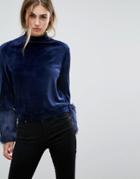 Lost Ink Sweatshirt With Faux Fur Trim Cuffs - Navy