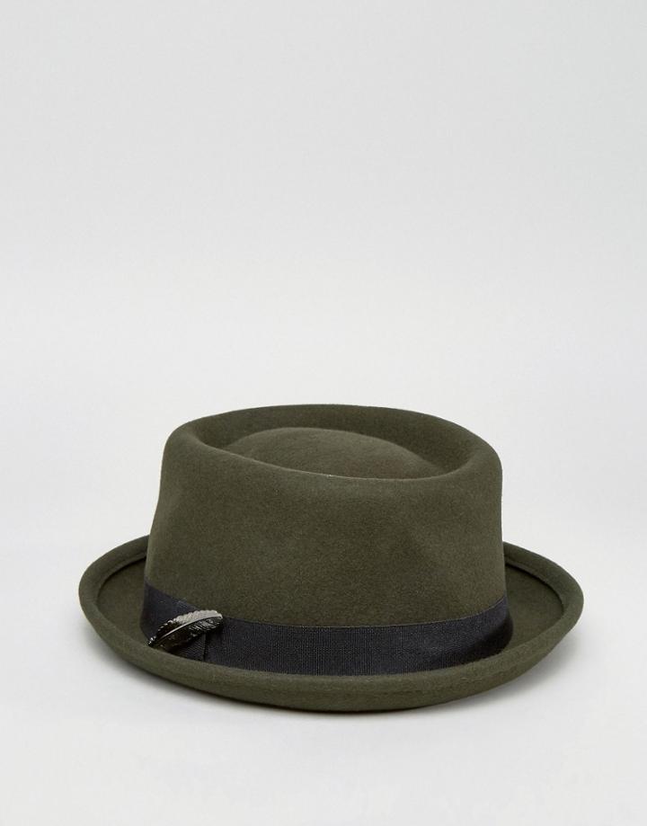 Asos Pork Pie Hat With Feather Band In Khaki - Green